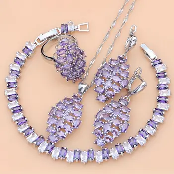 Women 925 Sterling Silver Jewelry Sets Purple Amethyst Tennis Earrings Rings Fashion Accessories Wdding Necklace Set