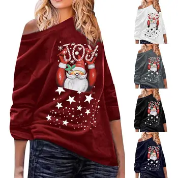 

Casual Sweatshirt Women Christmas Santa Claus Print Long Sleeve One Shoulder Loose Sweatshirt A lady's strapless Christmas blous
