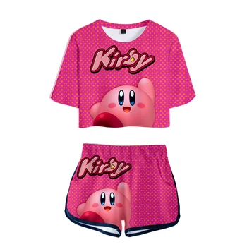 

Hot summer kirby 3D Exposed Navel t shirt+shorts women's two-piece Casual 3D Print kirby girl's two-piece sets