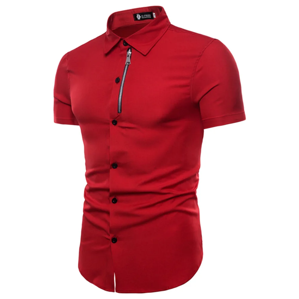 

2019 New Brand Summer Men Shirts Short Sleeve Chemise Homme beach Zipper Business Dress Shirts Male Streetwear red Casual Shirt