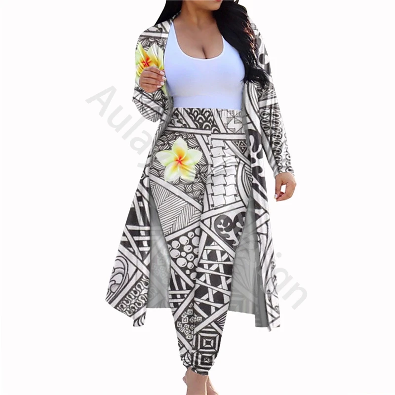 

Women Two Piece Set Samoas Polynesian Print Clothing Plus Size Long Cape Coat With Elastic Leggings Conjuntos De Mujer