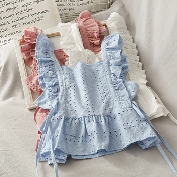 

2020 summer new lace womenblouse ruffles straped solid short high waist lady elegant pulls outwear tops