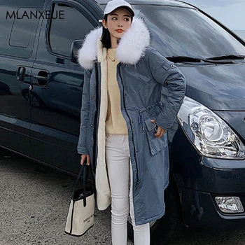 

Casual Long Down Coats Women Fur Hooded Cotton Liner Winter Down Jacket Female Solid Oversize Cotton Outerwears Office Lady Punk