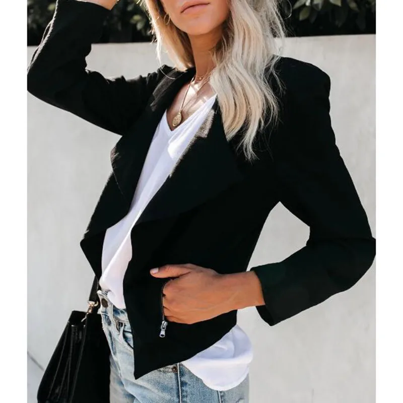 Однотонная белая черная приталенная Женская куртка Осень veste femme с воротником с лацканами куртки для фитнеса