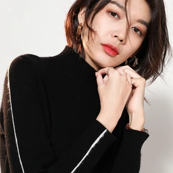 

Hot Sale Soft Warm Women Sweaters and Pullovers 100% Pure Goat Cashmere Knit Jumpers for Ladies 2Colors stripe Standard Clothes