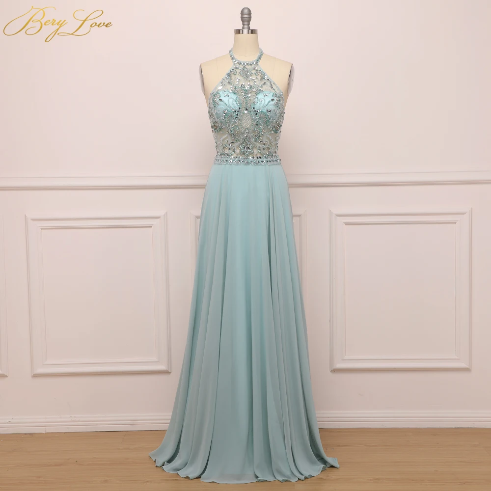 

Light Blue Evening Dress 2020 Chiffon Long Prom Dress Shiny Illusion Bodice Bead Halter vestidos de fiesta robe de soiree