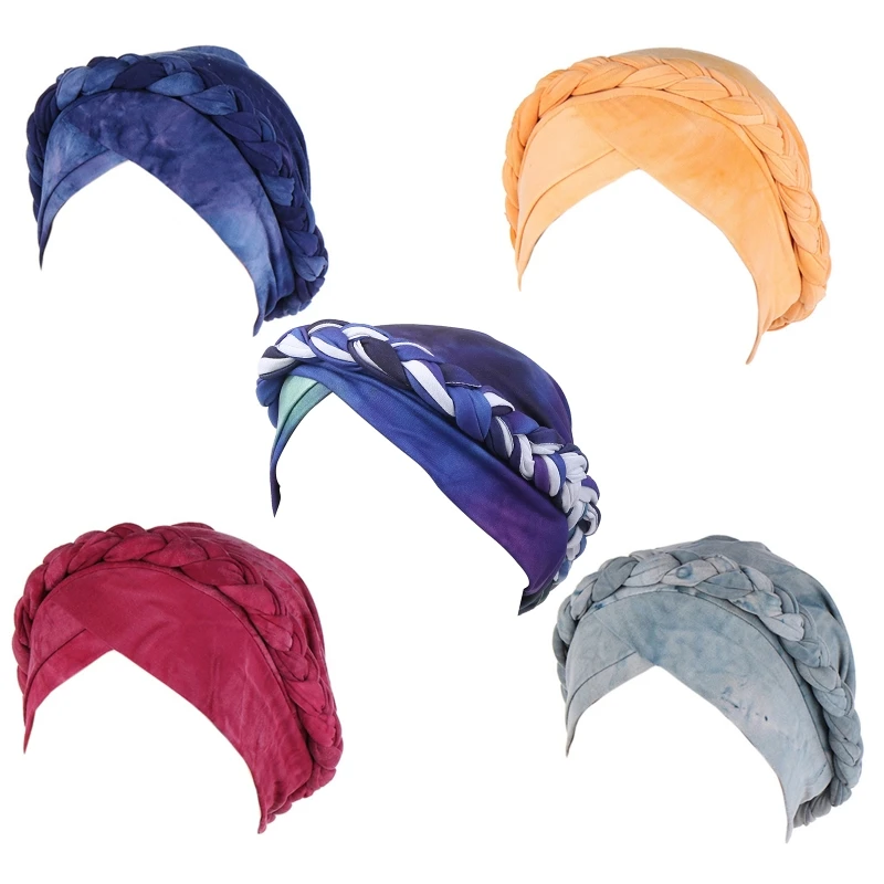 

Women Twisted Braid Muslim Turban Hat Gradient Tie-Dye Chemo Cancer Wrap Cap