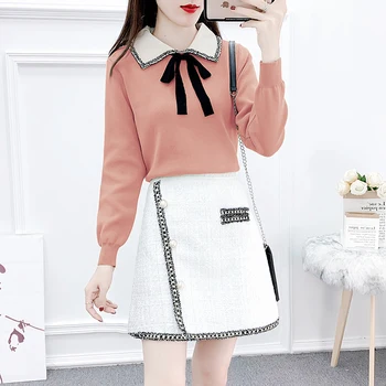 

Suit Women Pullover Bow Sweater & Irregular Tweed Pearl Skirt Autumn Winter Couture Matching Set 2 Pcs Outfit Knitwear Sweet
