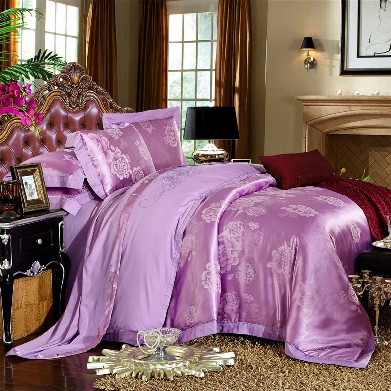 Hot 4/6 Pcs Luxury Golden Gold King Queen size Jacquard Bedding Set Satin Cotton bed Duvet Cover Bed Sheet And Pillowcases