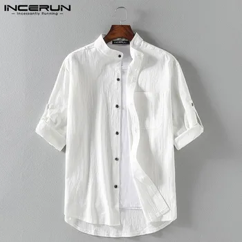 

INCERUN Men Shirt Cotton Stand Collar Breathable 3/4 Sleeve Tops Streetwear Solid Color Men Casual Shirts Harajuku Plus Size 5XL