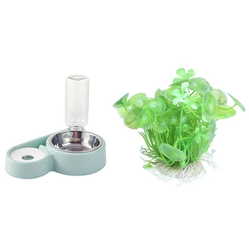 

1pcs Ceramic Base Green Plastic Floating Grass Plants Ornament & 1pcs Cat Supplies Automatic Feeder Cat Bowl