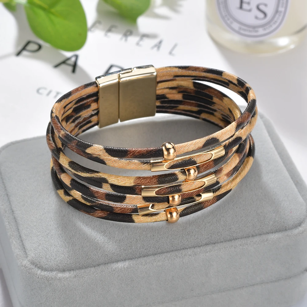 

Classical Leopard Leather Bracelets For Women 2019 New Fashion Bracelets & Bangles Elegant Multilayer Wide Wrap Bracelet Jewelry