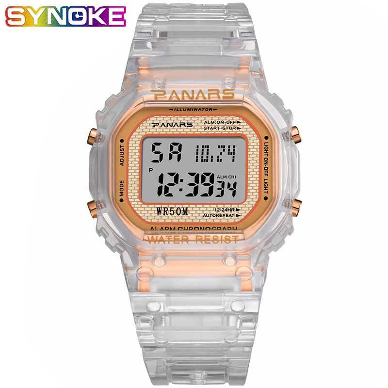 

PANARS Fashion Digital Watch Women Men Transparent Rose Gold Luminous 5Bar Waterproof Sport Watch Back Light Swim Wrist Watch