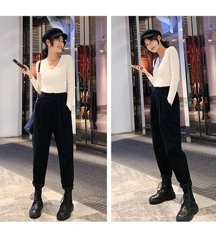 Winter Corduroy Pants Women Autumn High Waist Pockets Trousers Women Plus Size Streetwear Harem Pants Pantalon Femme