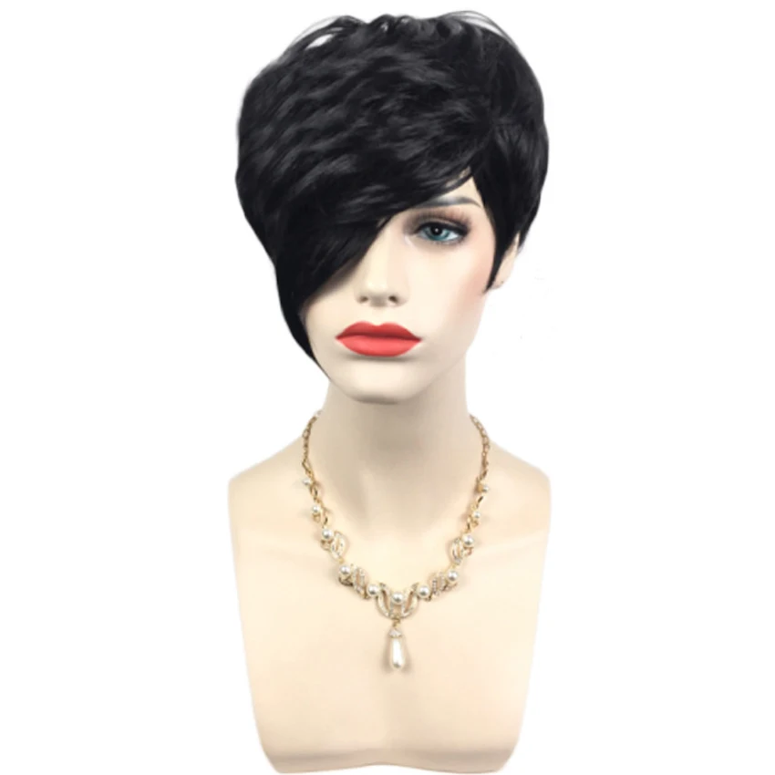 

Side Part Toupee Hair for Women wigs synthetic Wig with Bangs Short Black Hairstyle High Temperature Fiber