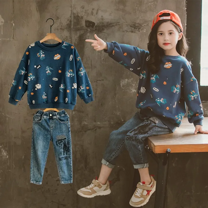 

Navy Girls Sweater Suit Autumn 2019 Casual Print Kids Girls Tracksuit Top&Jeans Pants Toddler Girls Clothing Sets Outfit 4-12T