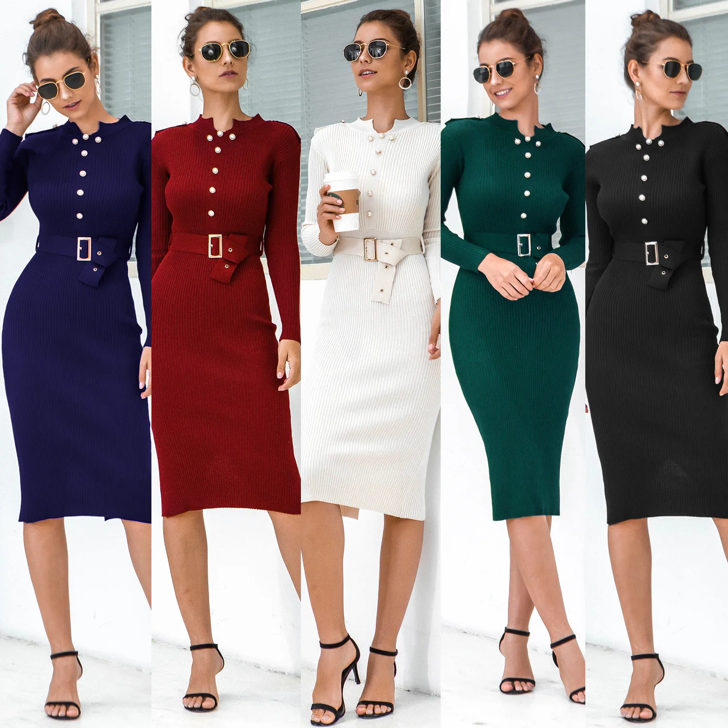 

Zoulv Sexy Slim 2020 Knit Dress Women Fall O-Neck Long Sleeve Patchwork Button Decorated Hip Dress Ladies Casual Party Dress