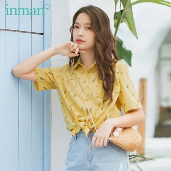 

INMAN Summer New Arrival Trun Down Collar Cute Print Fashion Young Girl Holiday Style Blouse