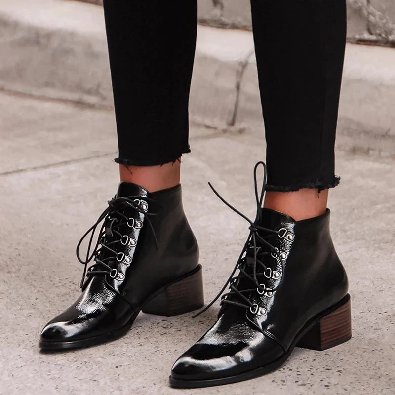 

Spring Women's Lace Up Ankle Boots Women PU Short Boots Female Square High Heels Fashion Shoes Woman Ladies Pointed Toe Mujer