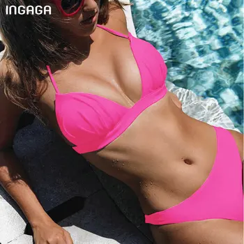 

INGAGA Sexy Halter Bikini 2020 Push Up Swimwear Women Solid Micro Biquini Two Piece Swimsuit Ruched Bathing Suit Women Bathers