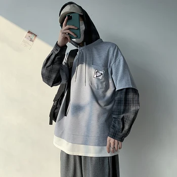 

2020 Spring And Autumn New Youth Popular Men's Loose Large Size Stitching Fake Two Hooded Sweatshirts Fashion Casual Pullovers