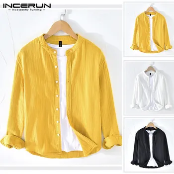 

Solid Color Men Shirt Long Sleeve Cotton Stand Collar Harajuku Casual Shirts Men Breathable Camisa Masculina Streetwear INCERUN