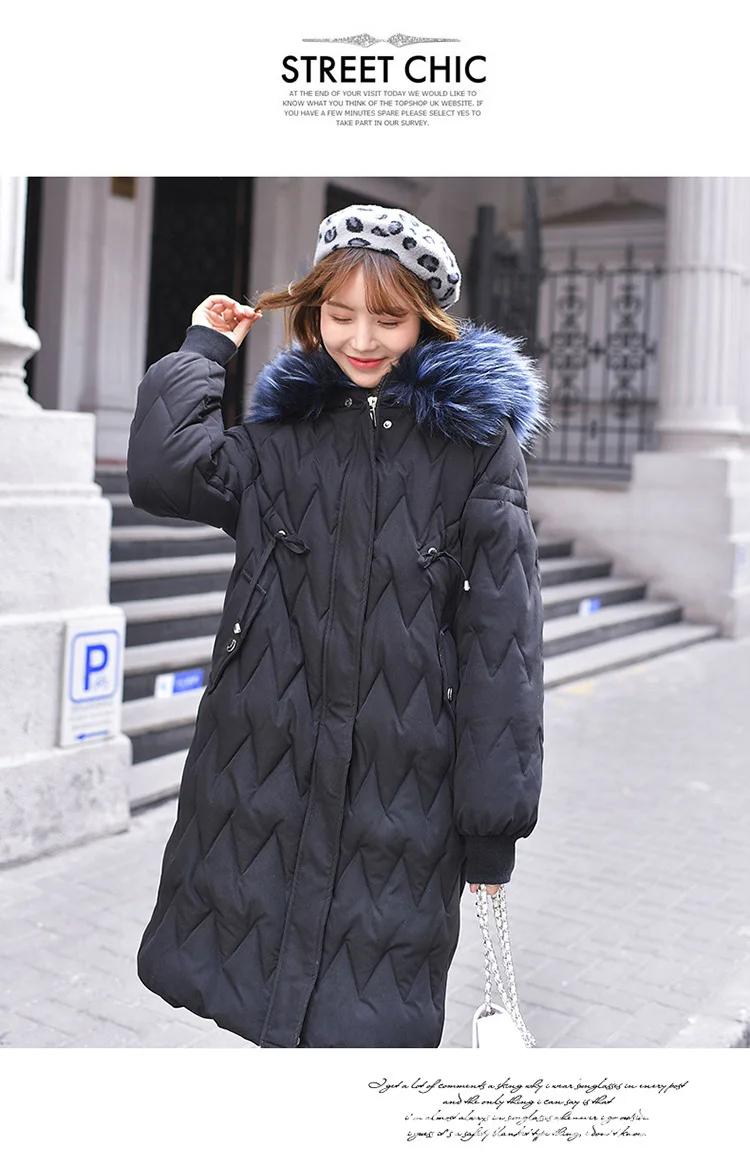 Повседневный длинный пуховик для женщин, зимний модный теплый пуховик с меховым капюшоном, Женский однотонный пуховик с карманами на молнии, Женская куртка, парка, пальто в Корейском стиле