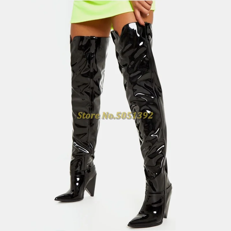 

Spike Heel Shiny Black Leather Boots Over The Knee Sexy Pointed Toe Fashion Thigh High Boots Patent Leather New Arrivals Shoes