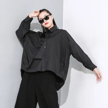 

Spring Autumn Women 2020 New Style Asymmetrical Split Shirts Casual Loose Long Sleeve Single Breasted Irregular Blouse Big Size