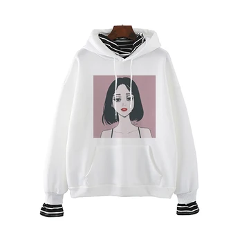 

Cartoon Girl Fashion Long Sleeves Letter Harajuku Print White& Pink Pullovers Tops O-Neck Women'S Hooded Sweatshirt Tops