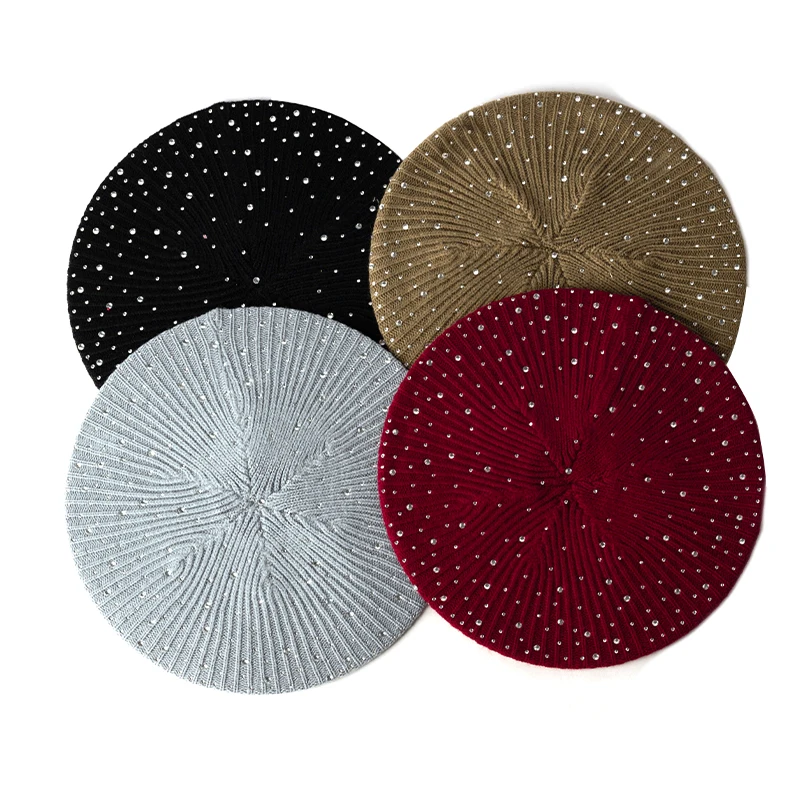 Beret hat woolen beret Geebro Women autumn winter beret hat female knitted casual berets luxury rhinestone sequins caps fashion solid color Gorros