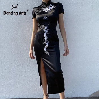 

Woman Dress Dark System Chinese Style Sexy Dragon Embroidery Slim Dress Stand Collar Short Sleeve Female Mid-Calf Split Dresses
