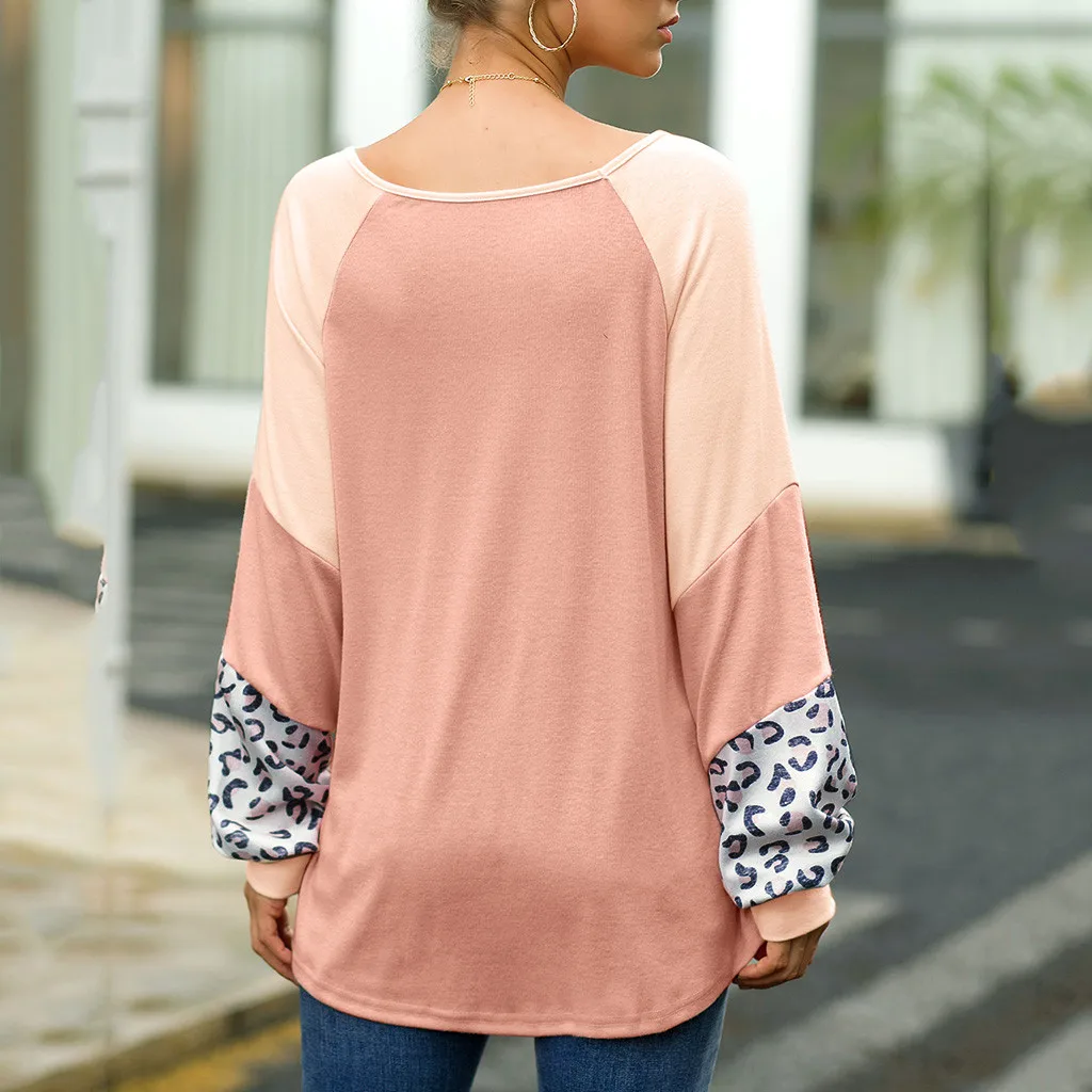 2019 ladies leopard solid color stitching long-sleeved shirt sweater 
