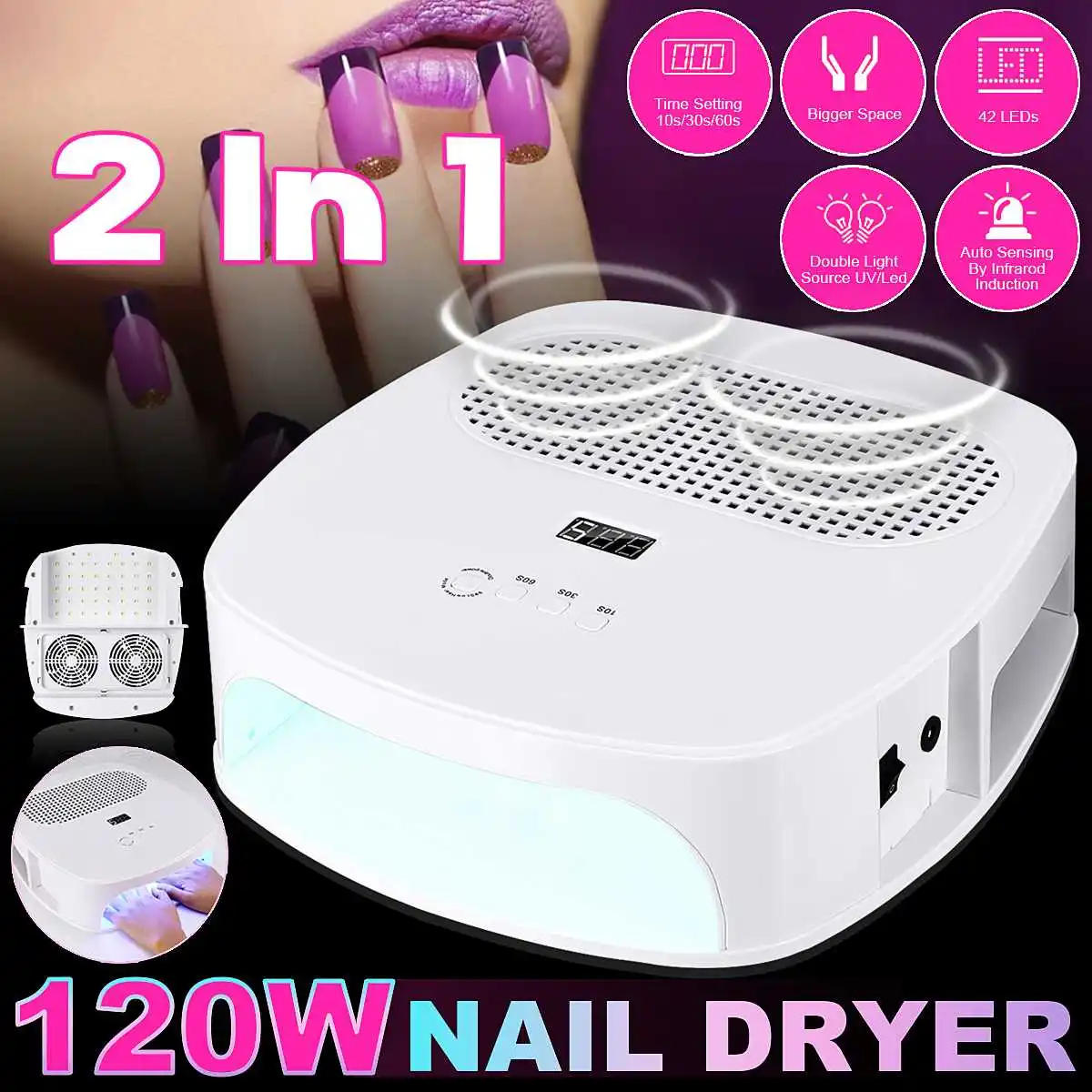 

2 In 1 120W Nail Dust Collector LED UV Nail Lamp Light Gel Dryer Vacuum Cleaner 42 LED Smart Painless With 2 Dust Collecting Bag