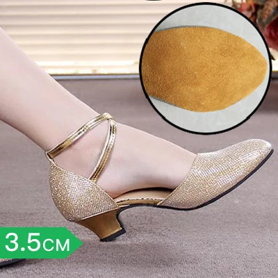 Gold3.5 Женские вечерние туфли для танцев; Сатиновые блестящие стразы; обувь для латинских танцев с мягкой подошвой; женская танцевальная обувь для сальсы; Каблук 3,5 см-5 см - Цвет: Gold3.5