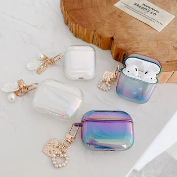 

Luxury Cute Pearl Shell metal Keychain Silicone Headphone Earphone case for Airpods 1 2 pro Lovely Glossy Wireless Headset cover