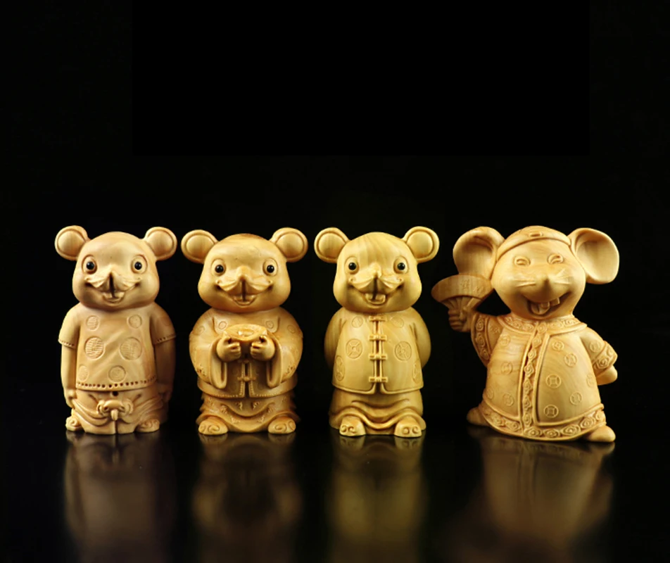XS204-7CM Hand Carved Boxwood Carving Figurine Animal Statue Home Decor -Feng Shui Lucky Money Rat Sculpture | Дом и сад