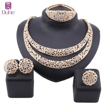 

African Dubai Gold Color Bridal Jewelry Sets for Women Bangle Earrings Wedding Party Crystal Necklace Ring Jewelry Sets