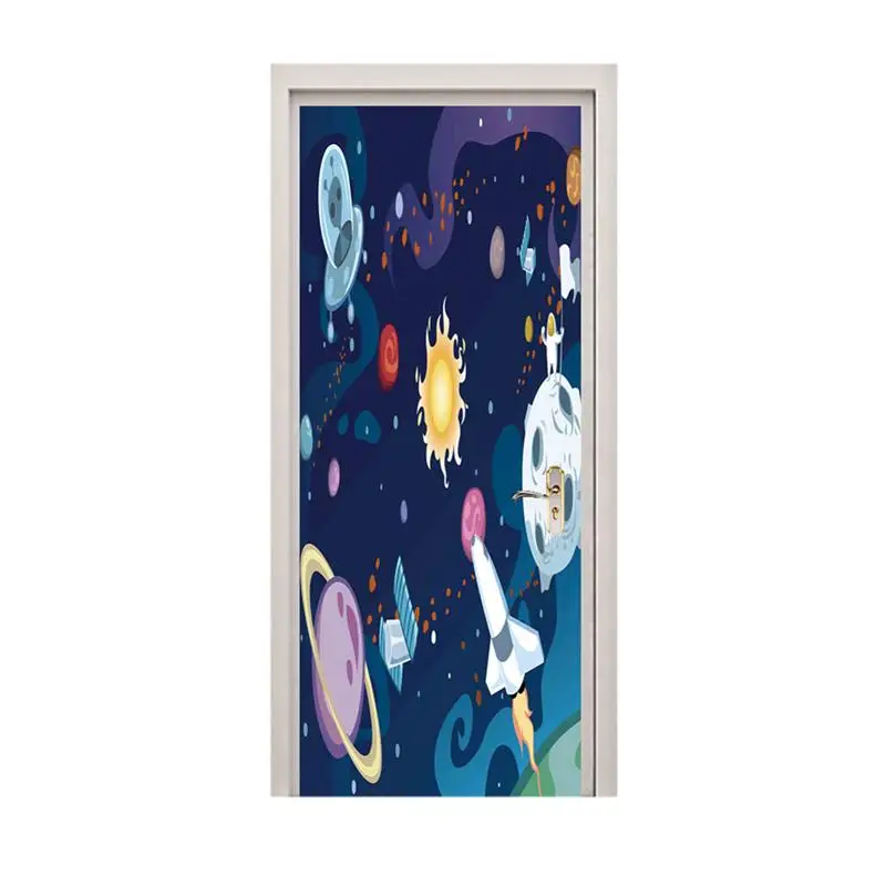 

1pc Home Door Sticker Self Adhesive Cartoon Space Pattern Creative PVC Removable Waterproof Door Mural Decals Home Decoration