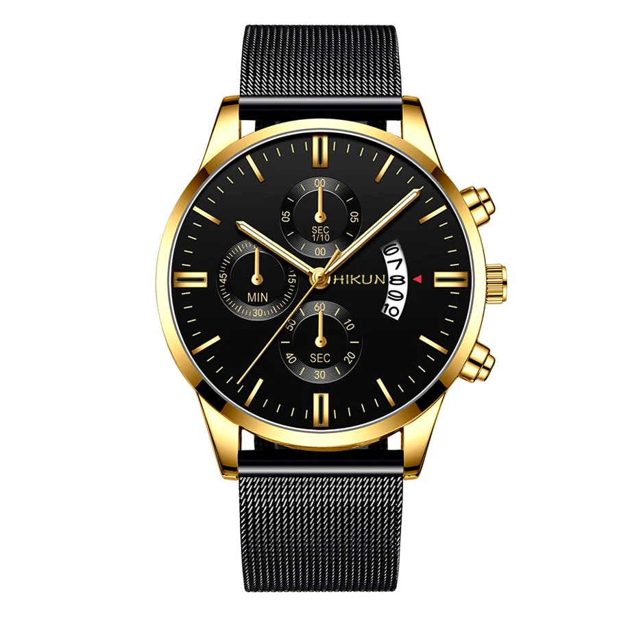 Montre Homme, классические синие мужские часы с сетчатым ремешком из нержавеющей стали, кварцевые часы с тонким ремешком, модные деловые аналоговые часы Uhren Herren - Цвет: gold gold