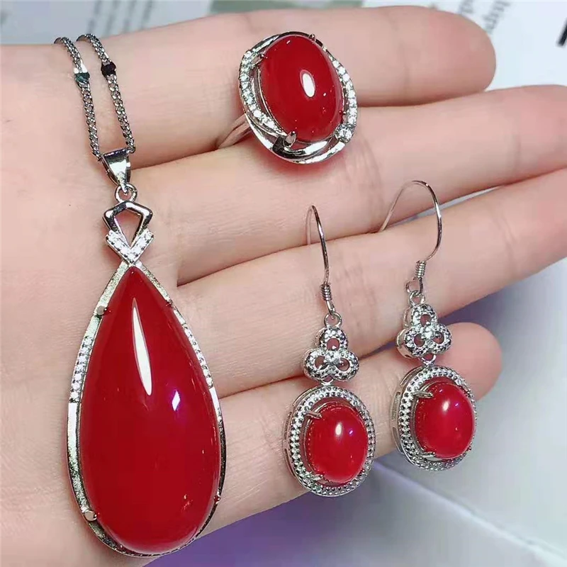 Jadery 925 пробы Серебряное ожерелье/серьги/кольцо для женщин натуральный зеленый розовый красный нефрит ювелирные наборы свадебные ювелирные изделия подарки