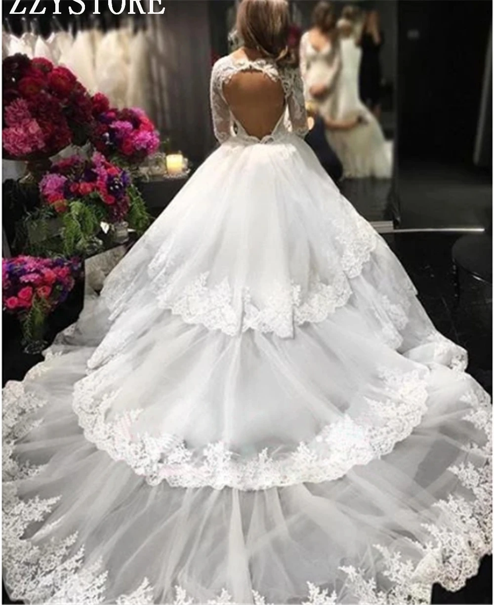 Vestidos de Novia Сексуальные Длинные рукава Глубокий v-образный вырез бальное платье свадебное платье Роскошные Аппликации Бисероплетение заднее отверстие с длинными рукавами халат