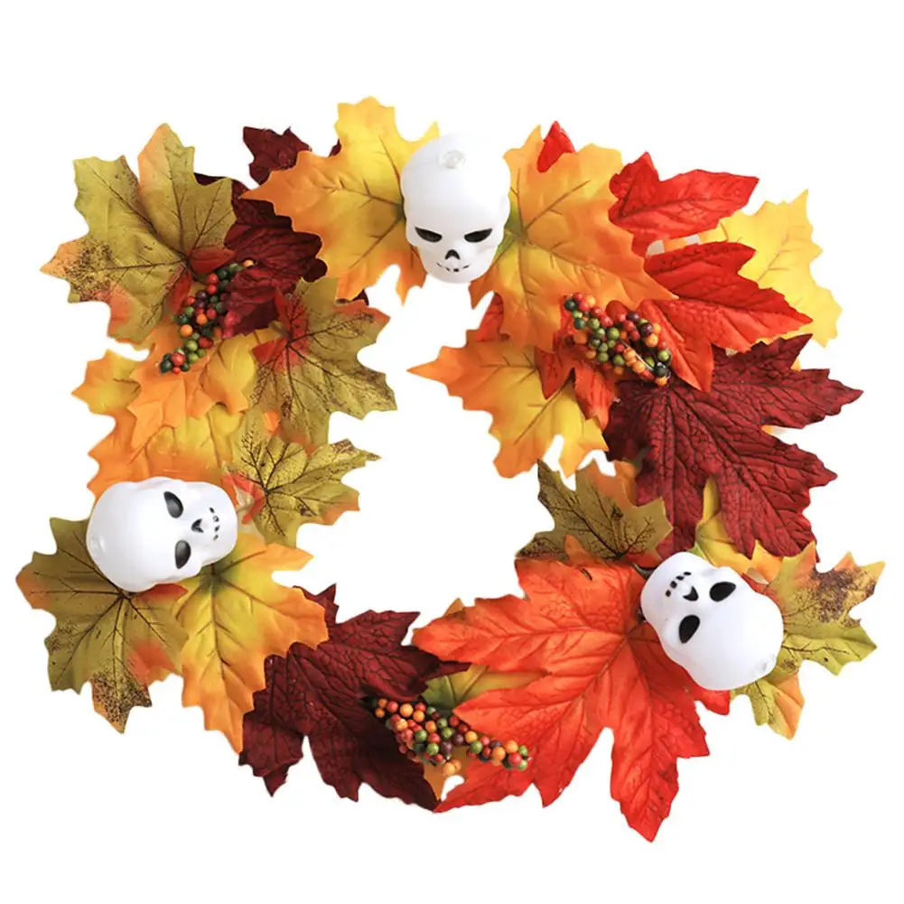 

35CM Skeleton Garland Window Decoration Pendant Maple Leaf Halloween Skull Wreath Halloween Prop Front Door Home Wall Decoration