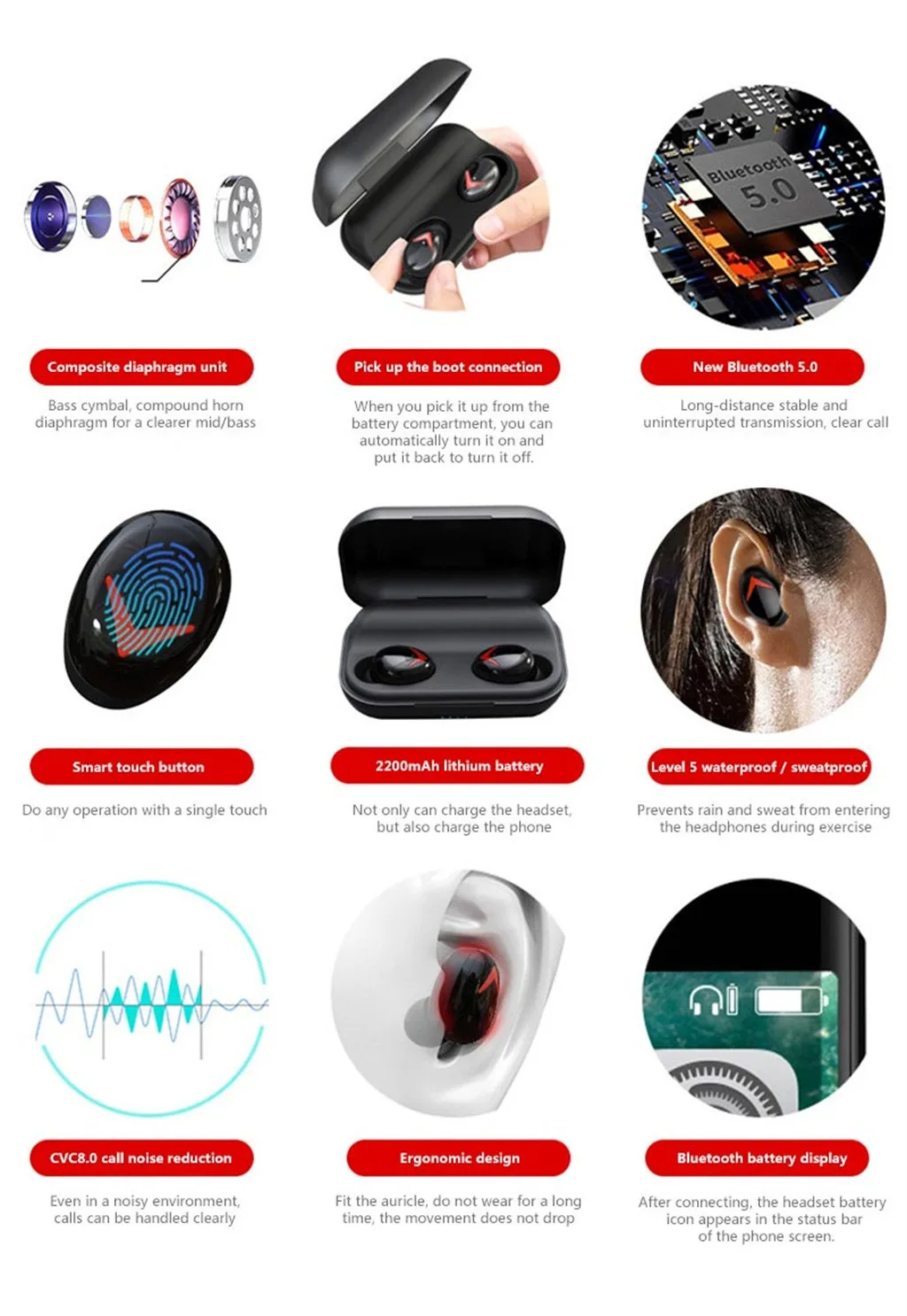 A8 TWS отпечаток пальца сенсорный Bluetooth Наушник HD стерео беспроводные наушники шумоподавление игровая гарнитура# H20