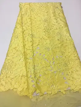 

Wholesale French lace fabric yellow high quality African mesh lace soft 3D hot drill Nigeria gauze royal wedding dress YYZ08976