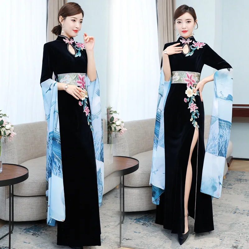 

2020 Spring with Inverted Big Sleeves Long Chinese Style Old Shanghai Performance Cheongsam Plus-sized WOMEN'S Dress Chinese-sty