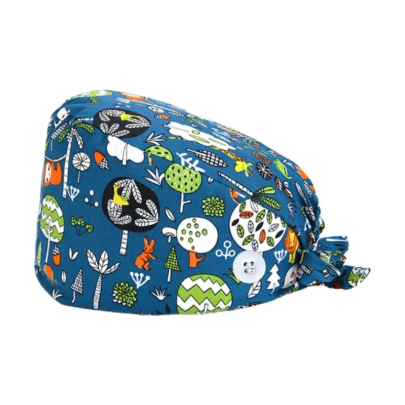 37 Colors Unisex Adjustable Working Scrub Cap with Protect Ears Button Electrocardiogram Embroidery Floral Print 