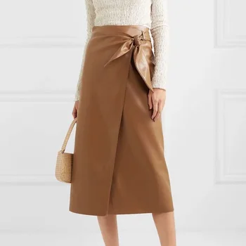 

Spring and autumn women skirts casual solid color bow decoration artificial leather skirts