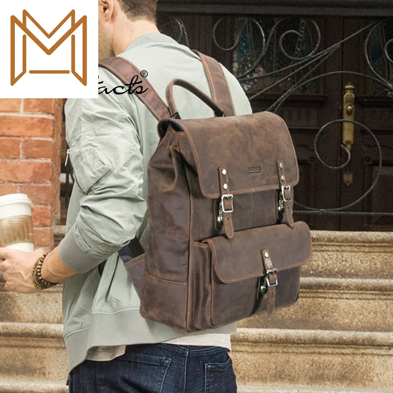 

Black Angel Crazy Horse Leather Man Both Shoulders Package Inch Computer Genuine Leather Male Backpack