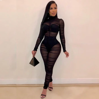 

ZKYZWX Sexy Black Sheer Mesh Ruched Bodycon Rompers Womens Jumpsuit Long Sleeve Festival Clothes One Piece Club Body Outfit